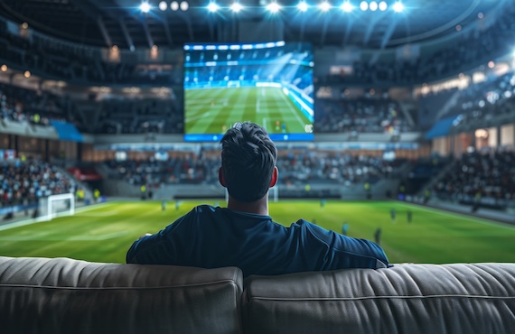 A man is sitting on a couch in a stadium watching a soccer game
